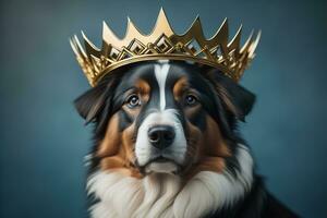 ai generado retrato de un linda perro en un dorado corona en un sólido color antecedentes. ai generativo foto