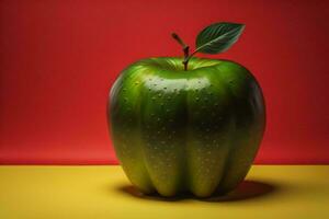 AI generated Red apple with green leaf on red background. generative ai photo