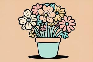 AI generated Illustration of a flowerpot with pink and blue flowers on a gray background. ai generative photo