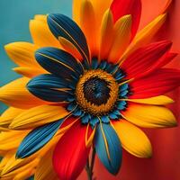 AI generated Colorful sunflower on a red background. Close-up. generative ai photo