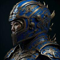 AI generated a female knight with armor and blue armor. generative ai photo