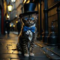 ai generado gracioso Bengala gatito en parte superior sombrero y arco Corbata en el calle a noche. ai generado foto