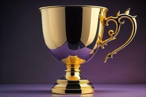 AI generated Golden trophy cup on wooden table. Award concept. ai generative photo