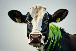 ai generado cabeza de un vaca con un verde cinta en su cuello en contra el cielo. generativo ai foto