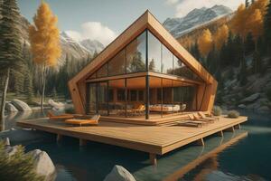 AI generated modern cozy chalet with pool and garden by the lake. generative ai photo