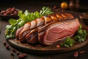 AI generated Raw beef sirloin steak with ingredients for cooking on wooden background. ai generative photo