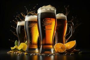 AI generated Three glasses of beer with splashes and fruits on a black background. generative ai photo