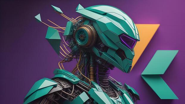 AI generated a green robot on a purple background with arrows. generative ai photo