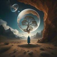 AI generated Woman in the desert with a tree in the shape of a planet. generative ai photo