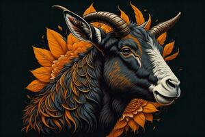 AI generated Goat head with orange flowers on black background. Vector illustration. ai generated photo