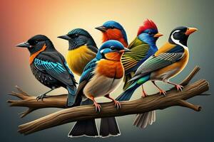 AI generated Vector illustration of a group of colorful birds sitting on a branch. ai generative photo