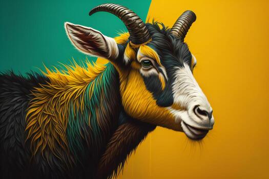 AI generated Portrait of a goat with horns on a yellow-green background. ai generated photo