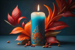 AI generated Creative burning candle on a wooden background. ai generative photo