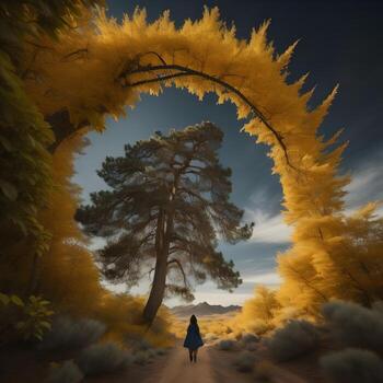 AI generated Conceptual image of a woman walking through the forest in autumn. generative ai photo