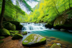 ai generado hermosa primavera bosque cascada con verde césped y rocas en el primer plano. generativo ai foto