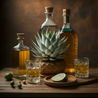 AI generated Aloe vera, tequila and tequila on wooden background. generative ai photo