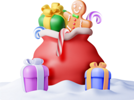 3D Open Santa Claus Sack full of Gifts in Snow png