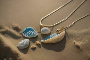 AI generated Jewelry on the beach with sea shells in the sand. generative ai photo