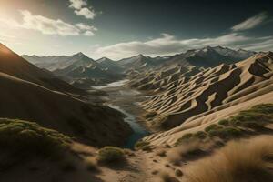 AI generated Desert landscape with river and sand dunes. generative ai photo