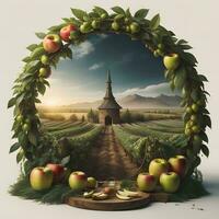 AI generated Rural landscape in vintage style with apple tree, wine barrel and apples. generative ai photo