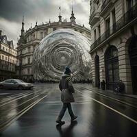 ai generado mujer caminando en un mojado calle en París, Francia. nublado día. generativo ai foto