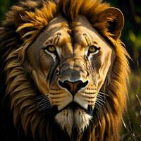 ai generado de cerca retrato de un león en el sabana de África. generativo ai foto