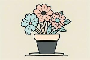 AI generated Illustration of a flowerpot with pink and blue flowers on a gray background. ai generative photo