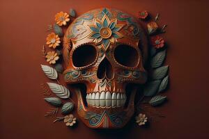 AI generated Mexican sugar skull with flowers and leaves on red background, top view. generative ai photo