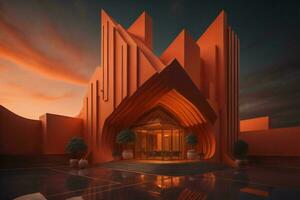 AI generated modern building in the desert with orange sky background. generative ai photo