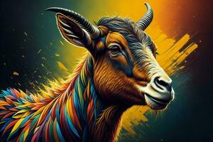 AI generated Digital painting of a goat head with colorful stripes on a dark background. ai generated photo