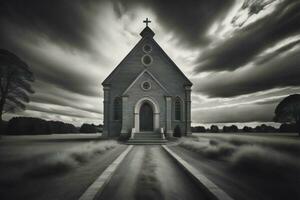 ai generado Iglesia en el medio de el la carretera. dramático nublado cielo. generativo ai foto