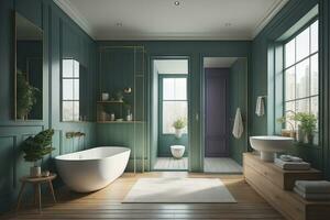 AI generated Interior of modern bathroom with green walls, wooden floor, comfortable white bathtub standing near the window. generative ai photo