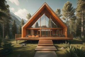 AI generated modern cozy chalet with pool and parking for sale or rent. Luxury house in the forest. ai generative photo