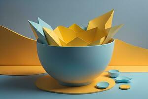 AI generated Paper boats in a bowl on a blue background. generative ai photo