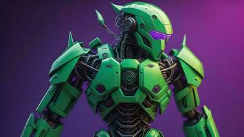 AI generated Green robot on purple background. generative ai photo