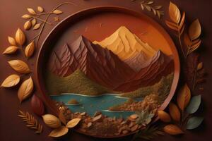 AI generated Autumn landscape with lake and mountains in a clay plate. generative ai photo