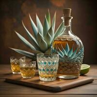 ai generado áloe vera y tequila en lentes en un de madera mesa. generativo ai foto