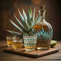 AI generated Aloe vera and tequila in glasses on a wooden table. generative ai photo