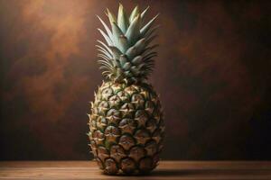 ai generado piña en un de madera mesa. tropical Fruta en marrón antecedentes. ai generado foto