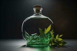 AI generated Glass transparent bottle with green leaves inside on dark background. generative ai photo