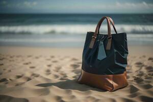 AI generated Beach bag on the sand with sea and blue sky background. generative ai photo