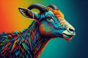 AI generated Goat head with horns on a colorful background. generative ai photo