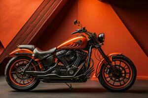 AI generated Harley-Davidson motorcycle parked in studio. generative ai photo