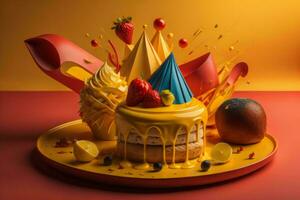 AI generated Birthday cake with fruits and party hat on orange and red background. generative ai photo