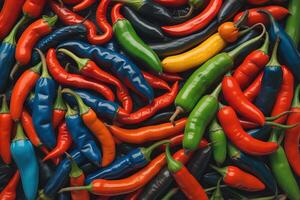 AI generated colorful hot chili peppers background, top view, flat lay. generative ai photo