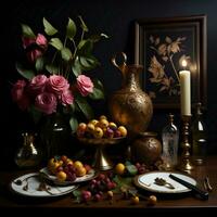 AI generated Still life with flowers, tableware and candles on a dark background. generative ai photo