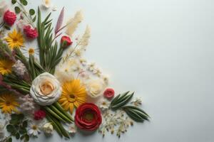 AI generated Flowers composition on white background. Flat lay, top view, copy space. generative ai photo