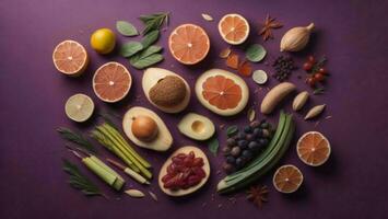 AI generated Fruits and vegetables on purple background. Healthy eating concept. Top view. generative ai photo