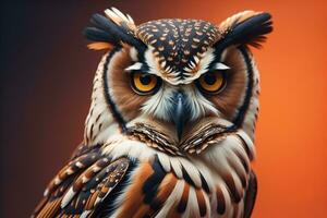 AI generated Beautiful owl on a orange background. Close-up portrait. generative ai photo
