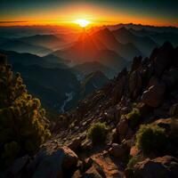 ai generado hermosa puesta de sol en el montañas. amanecer terminado el montaña rango. generativo ai foto